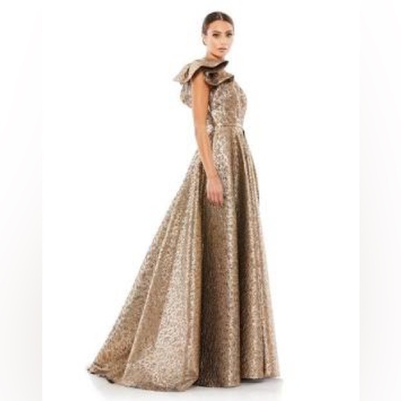 MAC DUGGAL 67297 ONE SHOULDER METALLIC ANTIQUE BRONZE BALL-GOWN sz 6 - Picture 7 of 12